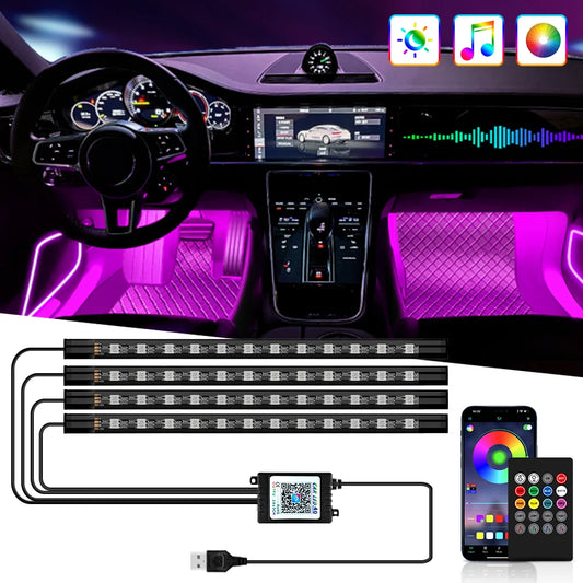 NEON LED Car Interior Ambient Foot Light Wireless Remote Music/APP Control Auto